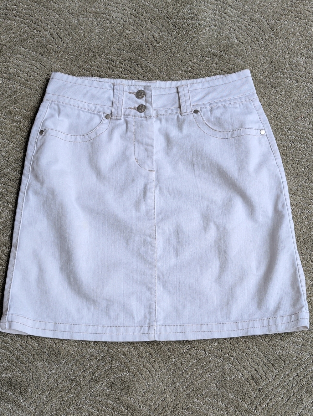 CAbi White Denim Skirt with Double-Button Waist